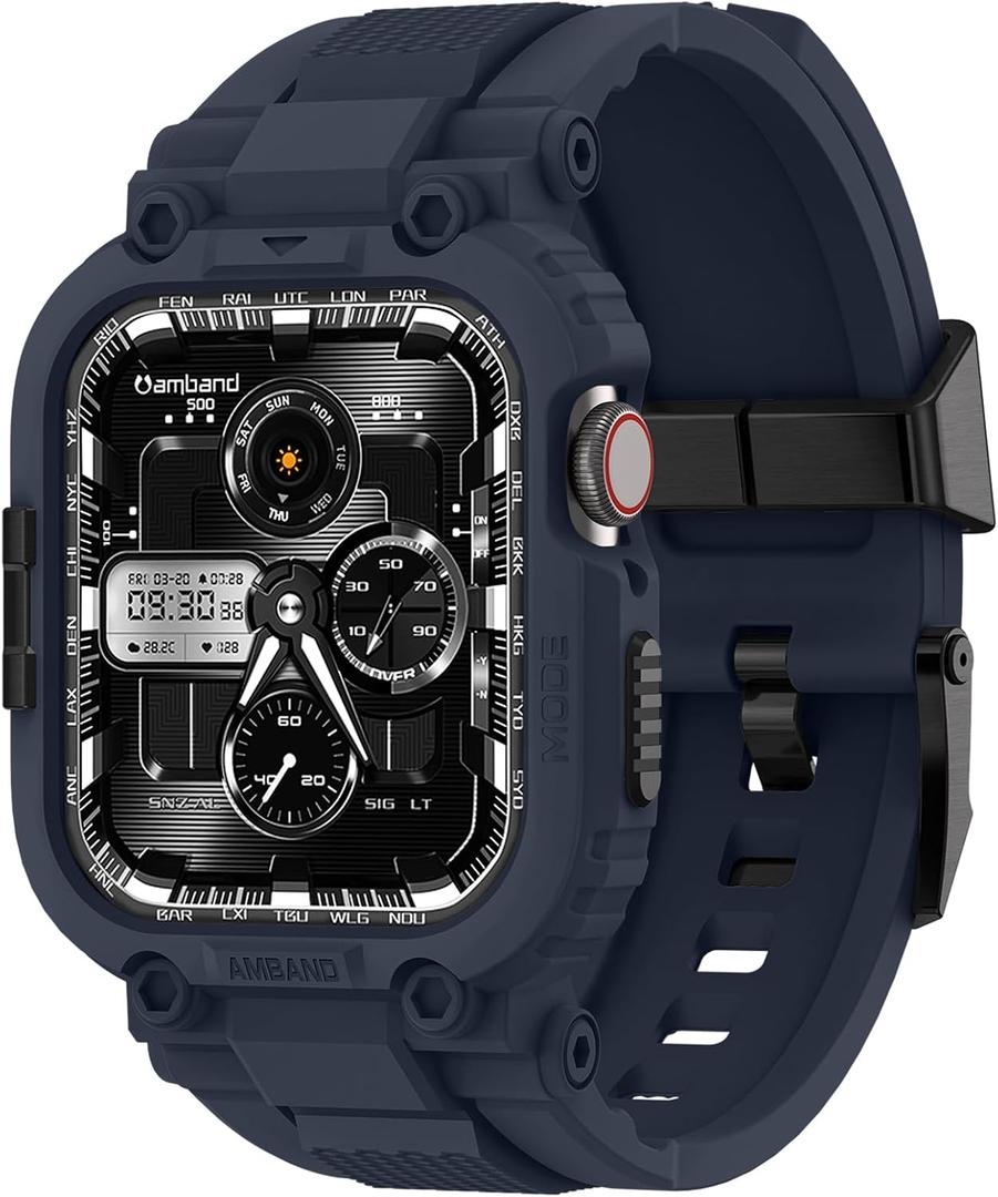 AmBand Bands Compatible with Apple Watch 9/8/7 45mm, M1 Sport Series Rugged Case with TPU Strap Military Protective Tough Cover Bumper for iWatch SE3/SE2/SE/6/5/4 44mm Men Navy Blue