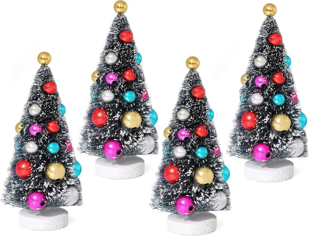 4 Pcs Mini Christmas Tree Bottle Brush Christmas Trees Sisal Trees Table Decorations Assorted Color Balls,4 Inch Small Pine Trees with Wood Base