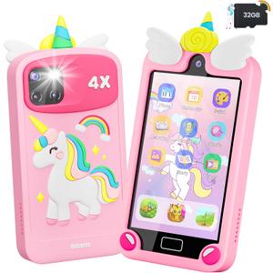 Kids Smart Phone for Girls with 4.0" Large Touchscreen, 32G Card Christmas Birthday Gifts for Age 3-10 Kid Toys Cell Phone with Holographic Pyramid, Toddler Learning Toy, Dual Lens, Music Player(Pink)