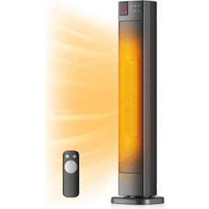 PELONIS 30 Ceramic Tower Space Heater with Adjustable Thermostat for Large Room, 75 Oscillation, Remote Control & 12H Timer, Tip-Over Switch & Overheating Protection, 1500W, PHF15RSAPH30, Black