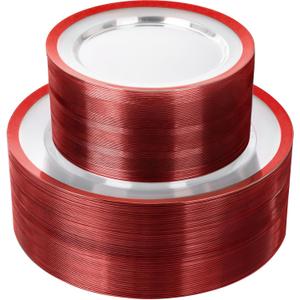 supernal 120pcs Clear and Red Plastic Plates Disposable Heavy Duty Fancy Unique Red Disposable Dinnerware Include Dinner and Dessert Size Perfect for Valentine's Day Party and Wedding