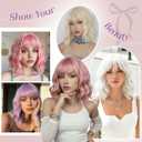 Pink Wig with Bangs for Women,Shoulder Length Short Wavy pink Bob Wigs With Bangs Synthetic Bob Wig Curly Wig Heat Resistant Colorful Wavy Wig Cosplay Fun Wigs For Daily Party (12 Inch)