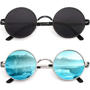 CGID Retro Round Polarized Sunglasses Mens Womens Circle Metal Hippie Shades UV400 Protection E01 (Black Frame Black Lens & Silver Frame Blue Lens Mirrored)