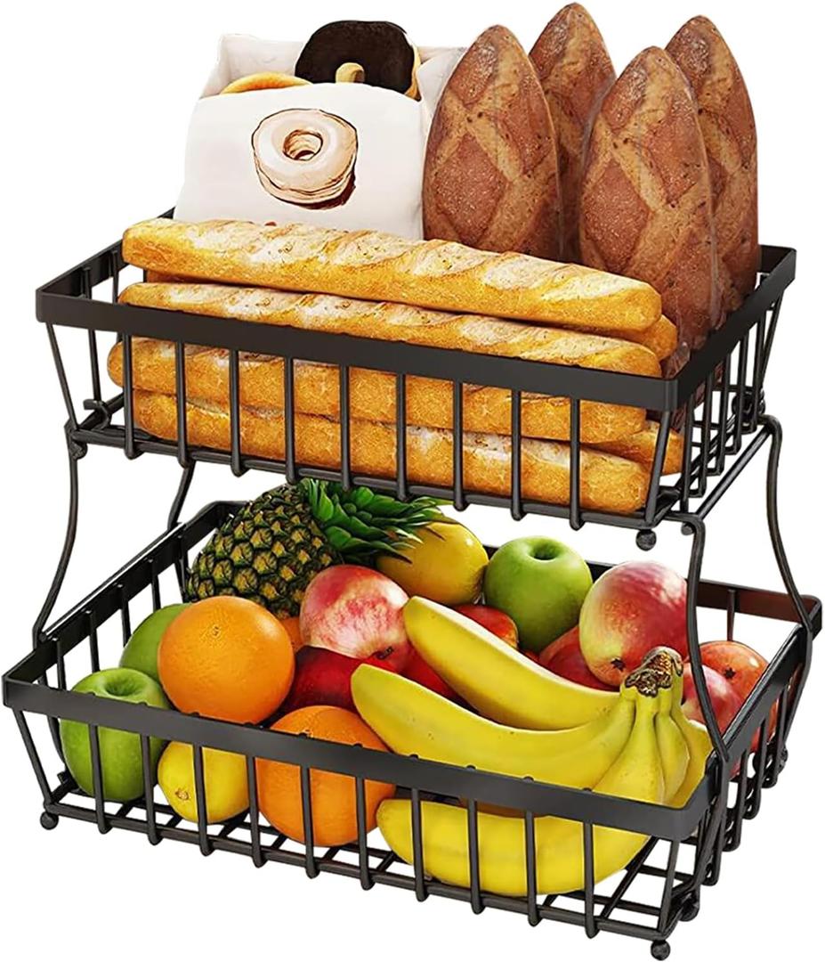 2 Tier Countertop Fruit Basket Bowl for Kitchen, Counter Fruits Veggies Snack Storage Holder Stand Rack Organizer, Detachable Metal Wire Bread Tray