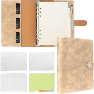 FYY A5 Binder Refillable Planner Notebook 6 Ring PU Leather Binder Journal with Pockets, Dividers, Refill Paper Khaki