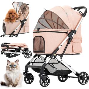 Medium Dog Stroller, Kenyone Pet Stroller for Medium Dogs Up to 55lbs, Lightweight Aluminum Frame, One Click Folding, Large Cat Stroller with No Zip Entry, Detachable Mesh, Multiple Pockets (Pink)