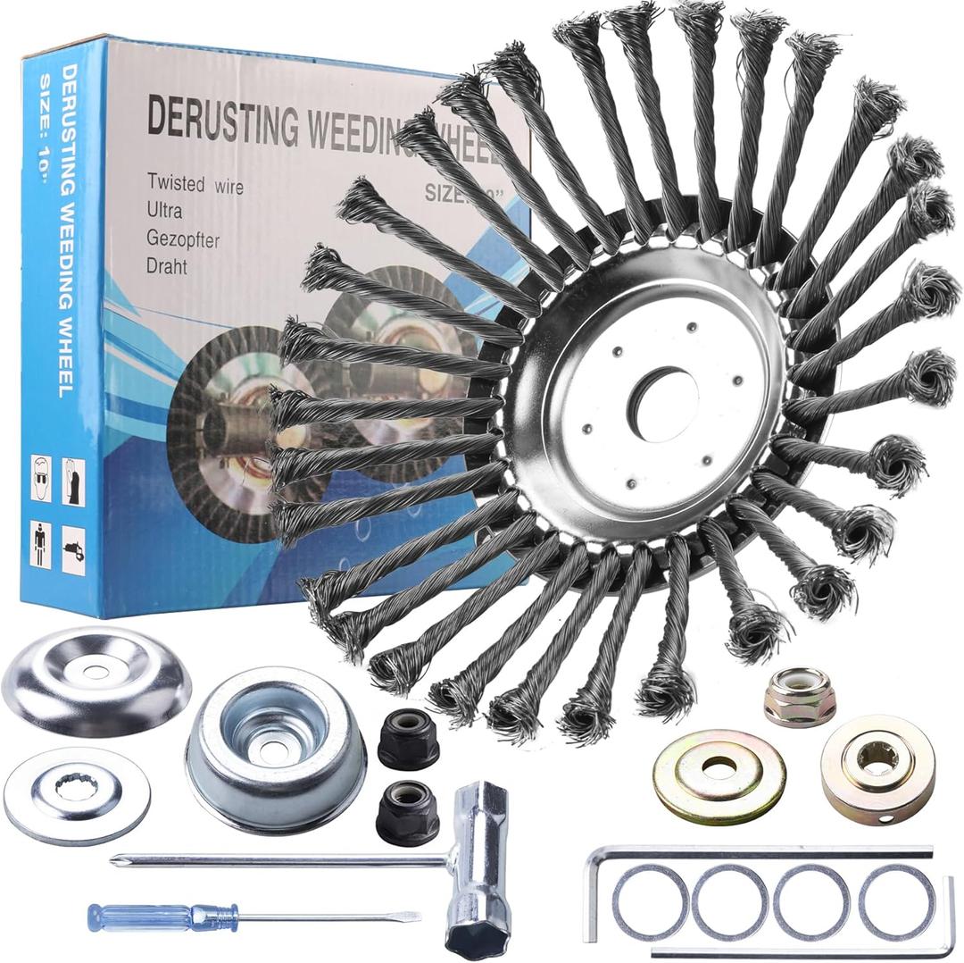 10 Inch Steel Wire Rotary Brush Cutter Trimmer Head Sets Weeds Blade Cutter with Universal Adapter Kit Compatible with String Trimmers, Moss Grass Rust Removal, Gardening Lawnmower