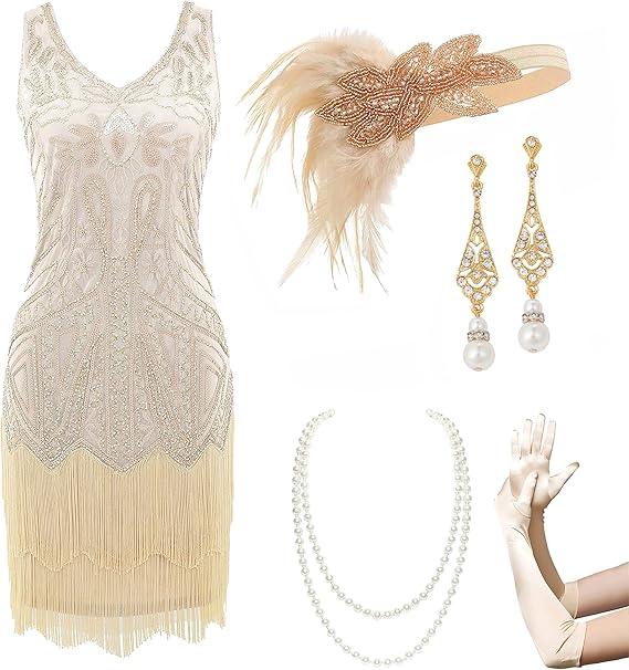 Women’s Flapper Dresses Set 1920s V Neck Beaded Fringed Great Gatsby Dress with Accessories Set M