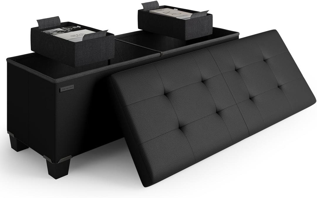 STORAGEBUD Storage Ottoman Bench with Bins, 43-in Storage Bench for Bedroom End of Bed, Folding Foot Rest Ottoman for Living Room Max 660lbs, Faux Leather Ottomans, Black (15"D x 43"W x 15"H, 05 - Black Leather)