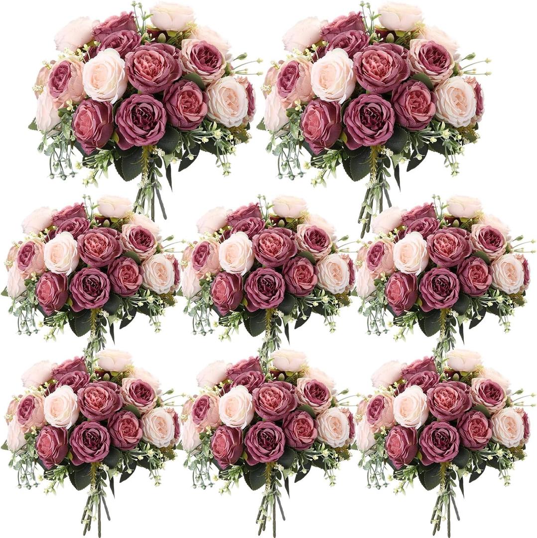 Geosar 8 Bundles Artificial Peonies Flowers Fake Silk Peony Bouquet Faux Peonies Flowers Bulk for Decoration Vase Floral Arrangements Wedding Party Table (Dusty Pink,Dusty Rose)