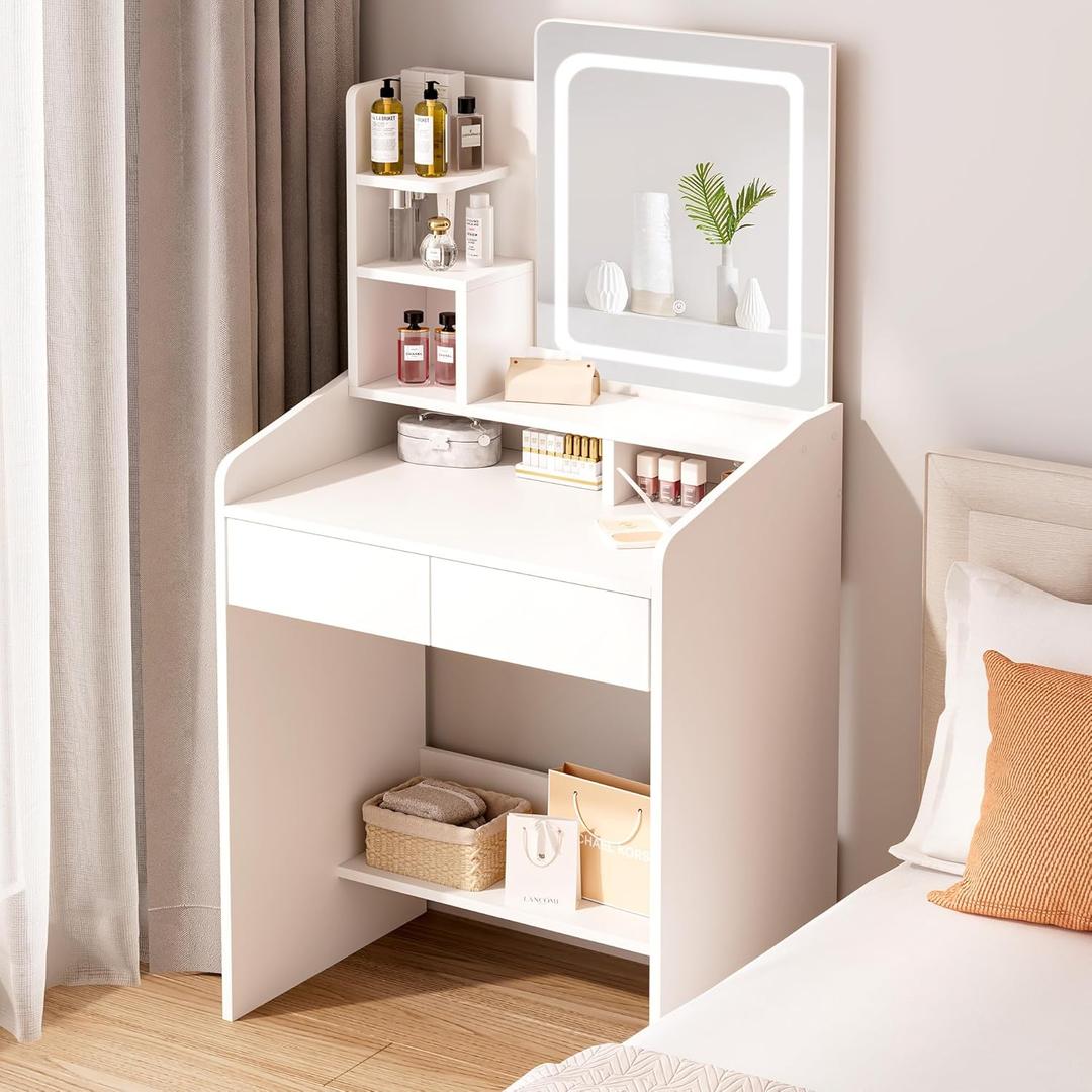 Small Makeup Vanity Desk with Lighted Mirror, White, 23.62" W x 15.74" D x 53.93" H (Smart LED Mirror, Open Shelves, 2 Drawers)