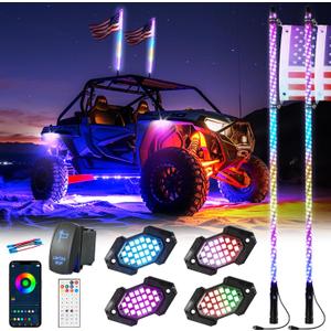 4FT Whip Light and Rock Light Combo Kit with Spring Base, Switch, App Control, Universal for UTV/ATV/RZR/SxS/Can-am, 2 Pack