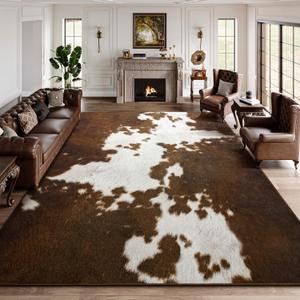DweIke Cow Print Rugs for Living Room, Machine Washable 6x9 Cowhide Area Rugs for Living Room, Non-Slip Low Pile Stain Resistant Throw Carpet for Dining Room Home Western Decor, Brown