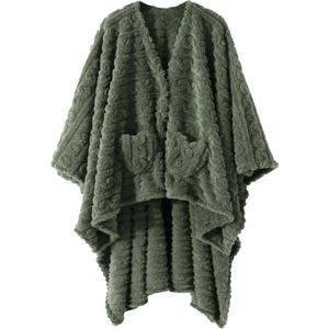 Wearable Blanket Poncho Cape Wrap for Adult, Cozy Sherpa Fleece Pocketed Shawl TV Throw Blankets for Office and Lounge(Green,58'' x 64'')
