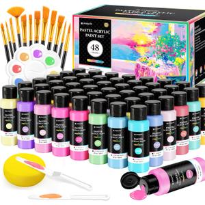 64 PCS Pastel Acrylic Paint Set with 12 Brushes, 2 Knives & Palette, 48 Colors (2oz/60ml) Art Craft Paint for Adults Artists Beginners, Canvas Ceramic Rocks Wood Painting Kit Art Supplies