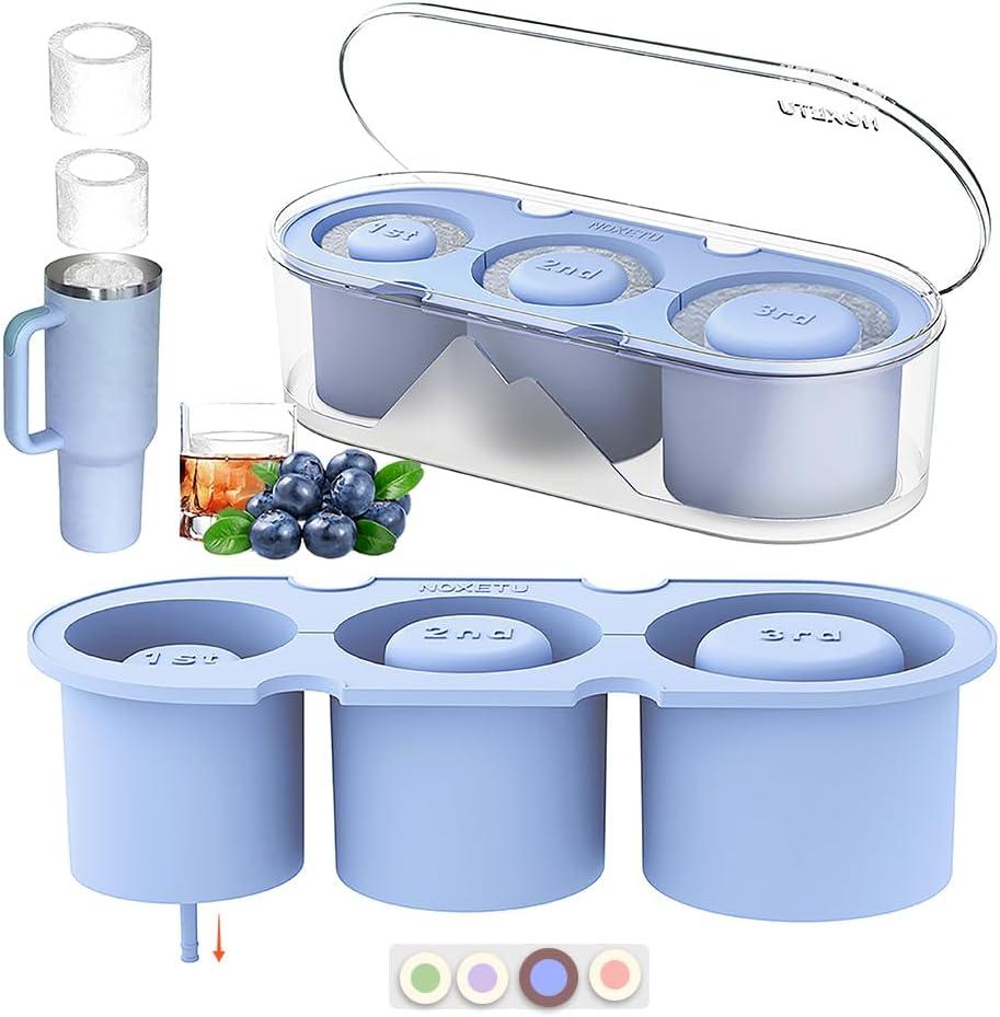 Ice Mold for Stanley Cup 30/40 Oz - Easy Fill and Release Without Touching Ice, Silicone Ice Cube Tray with Clear Lid and Bin for Freezer, Whiskey, Cocktail (Blue)