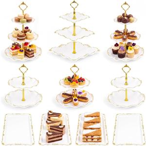 10 Pcs Cupcake Stand ,Dessert Table Display Set with Gold Rim , 3 x Three-Tier and 3 x Two-Tier Cake Stands4 x Appetizer Serving Trays for Birthday, Wedding, Baby Shower, Tea Party (Gold)