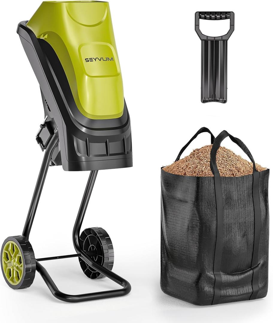 SEYVUM Wood Chipper, 15-Amp 1.8" Cutting Diameter, Electric Wood Chipper & Shredder with 45L Collection Bag and Push Stick, Efficient Mulcher for Yard Waste and Branches, 18:1 Reduction