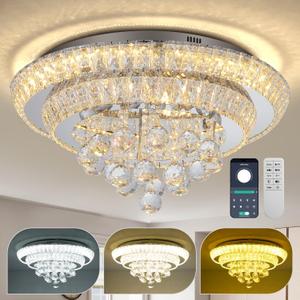 COCOSTAR 20" Crystal Chandeliers, Flush Mount Chandelier LED Ceiling Light, Modern Crystal Raindrop Chandeliers for Dining Room, Living Room, Bedroom (Silver)