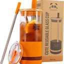 Pandaloo Glass Cups With Lids and Straws -20 Fl Oz- Perfect Size Iced Coffee Cup - Smoothie Cup With Bamboo Lid and On the go Lid - Glass Tumbler With Straw (1 Count (Pack of 1), Autumn Gold)