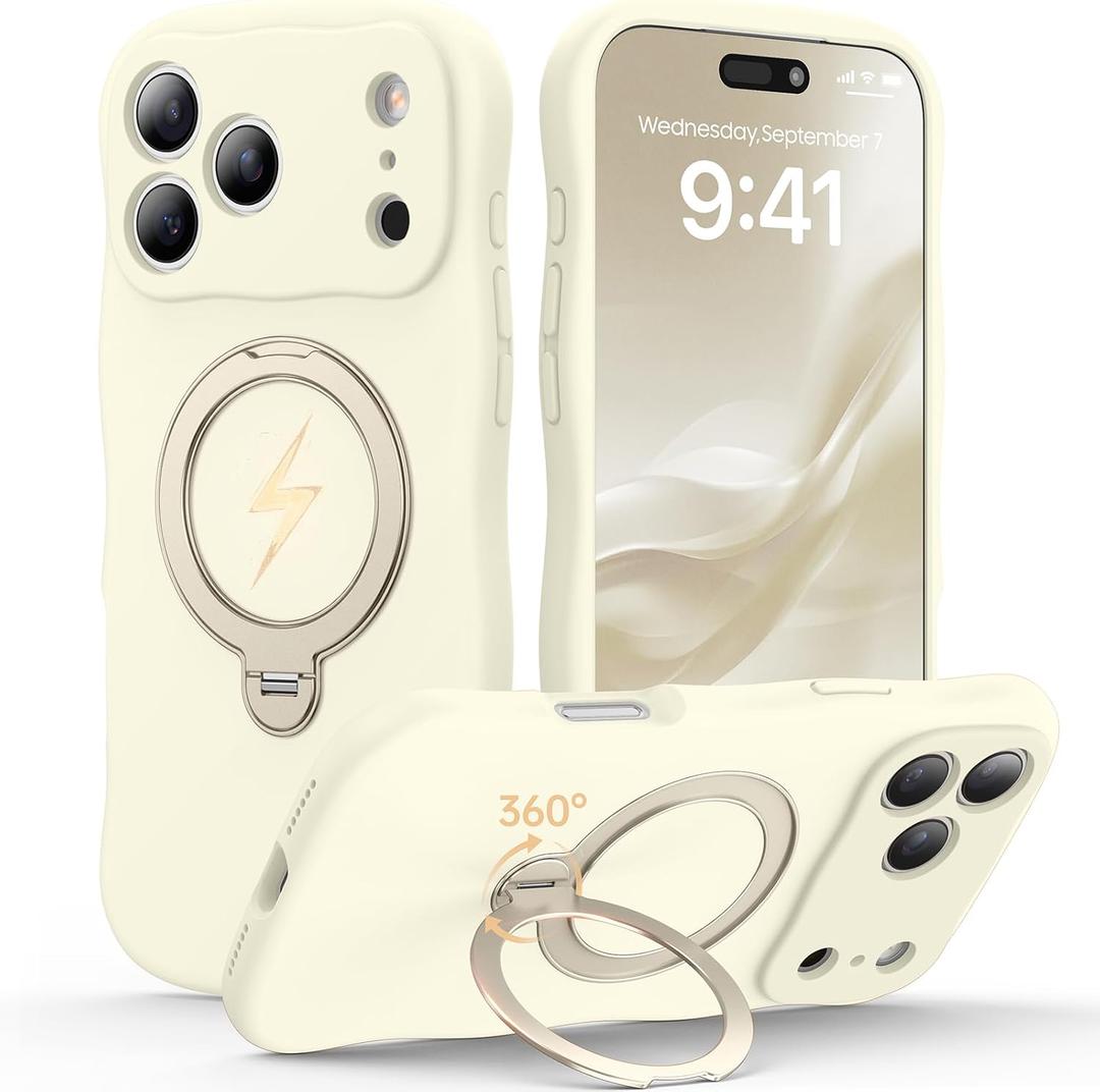 360 Spin Silicone Stand (Pro-Version) for iPhone 17 Pro Max Case: Cute Wavy [Full Camera Protection] (Fit for MagSafe) Shockproof Women Girl Phone Case for iPhone 17 Pro Max 6.9", Antique White