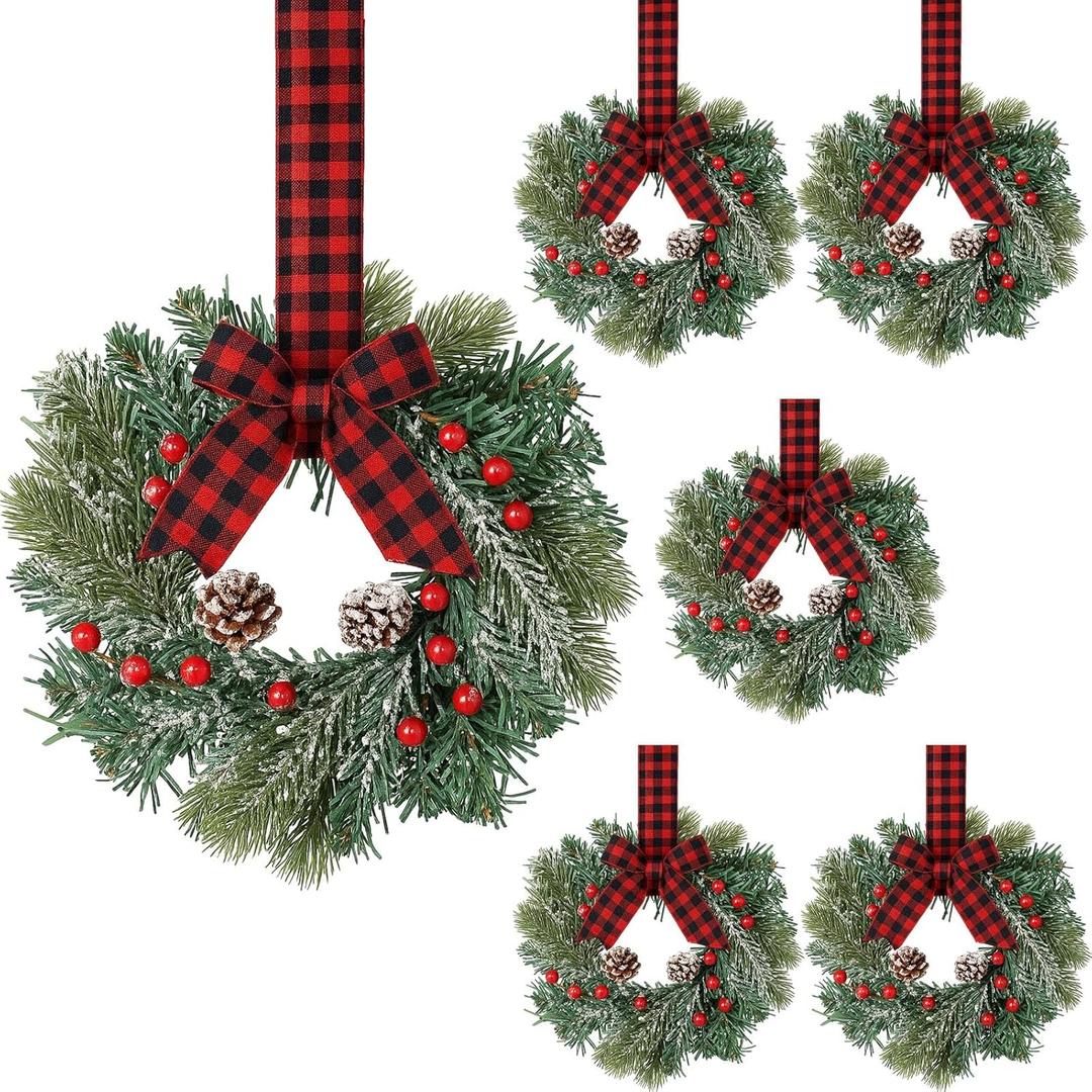 Jexine 8 Pieces Mini Christmas Wreaths for Kitchen Cabinet Small Christmas Candle Rings Wreaths Pillars Candle Rings Table Centerpieces Hanging Garlands for Front Door Window Decor (No Red Ribbon)