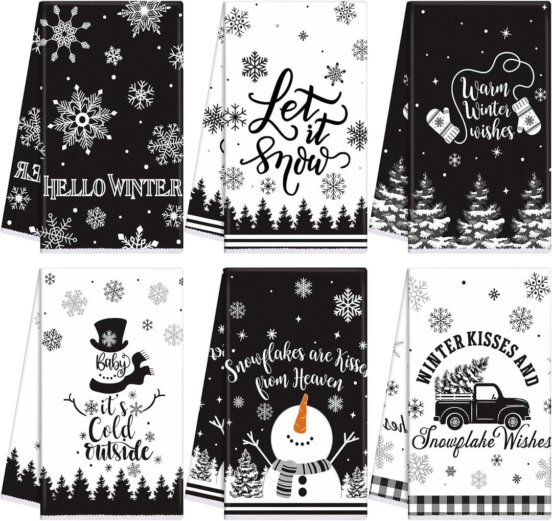 6 Pcs Winter Kitchen Towels Black White Snowman Dish Hand Towel 15.8 x 23.6'' Snowflake Let It Snow Decorative Tea Dish Towels Farmhouse Xmas Kitchen Decor for Bathroom Housewarming Gift