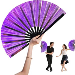 2 x Ballroom Glitz Folding Fan | Purple Sparkle PVC + Bamboo Frame | Loud Popping for Line Dance/Boots on The Ground | Oversized Durable Party Accessory