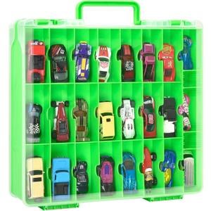 Double Sided Toy Storage Organizer Case for Hot Wheels Car, for Matchbox Cars, for Mini Toys, for Small Dolls. Carrying Box Container Carrier with 48 Compartments - Green(Box Only)