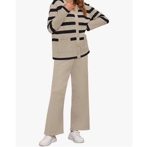 Viottiset Women's 2 Piece Outfits Stripe Sweatsuit Set Long Sleeve Button Sweatshirt Wide Leg Sweatpants Lounge Set