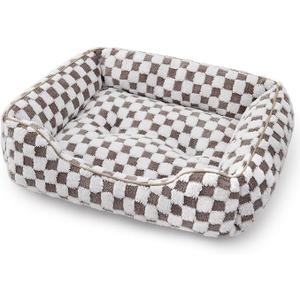 JOEJOY Dog Bed for Medium Small Dogs - Rectangle Orthopedic Dog Sofa Bed, Cute Modern Puppy Bed with Jacquard Shaggy Plush & Anti Slip Bottom, 25x21x8inches, Coffee