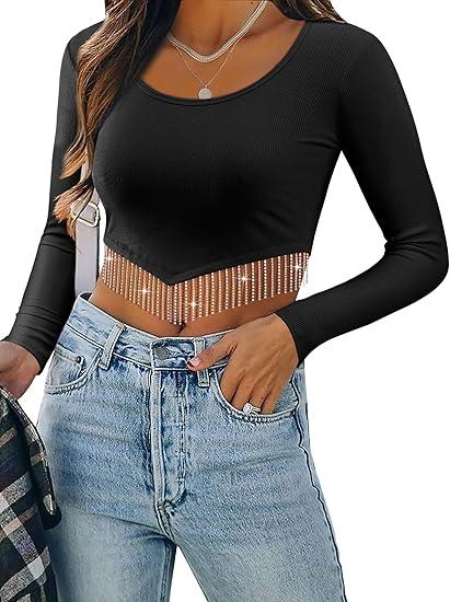 ZXZY Women Soft Ribbed Sparkly Rhinestone Fringe Long Sleeve Crop Top Cropped T Shirts Black S  