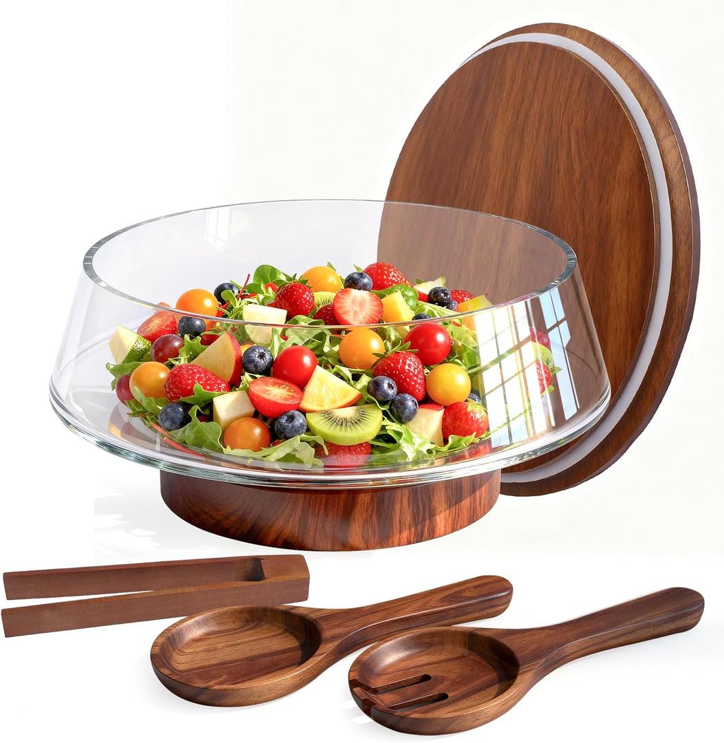 Extra Large Glass Salad Bowl with Lid Set, 5-Qt (160 fl oz) Mixing/Serving Bowl with Wood Base & Salad Servers, Trifle Bowl for Kitchen, Parties & Christmas