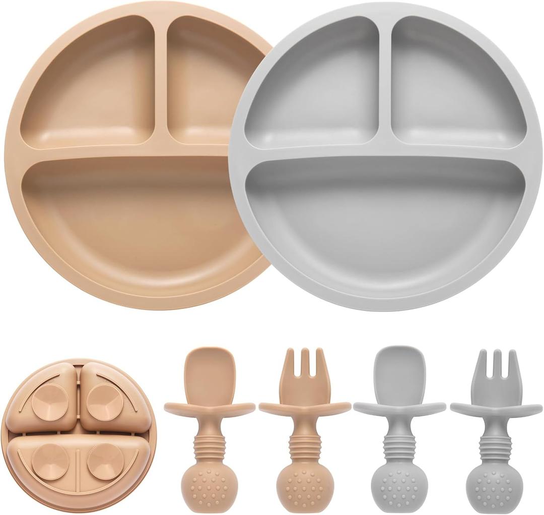 Silicone Baby Feeding Set, 2 Pack Divided Baby Plates with Suction, 2 Pack Spoons and Forks Set, BPA Free, Baby Led Weaning Supplies for Toddler Utensils Baby Feeding Essentials (Brown)