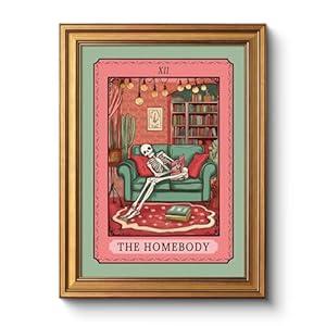 Vintage Spooky Cozy Home Scene Framed Wall Art 12x16, Funny Retro Illustration “The Homebody” Skeleton Tarot Canvas Print, Halloween Gothic Quirky Dark Humor Bedroom Office Aesthetic Decor