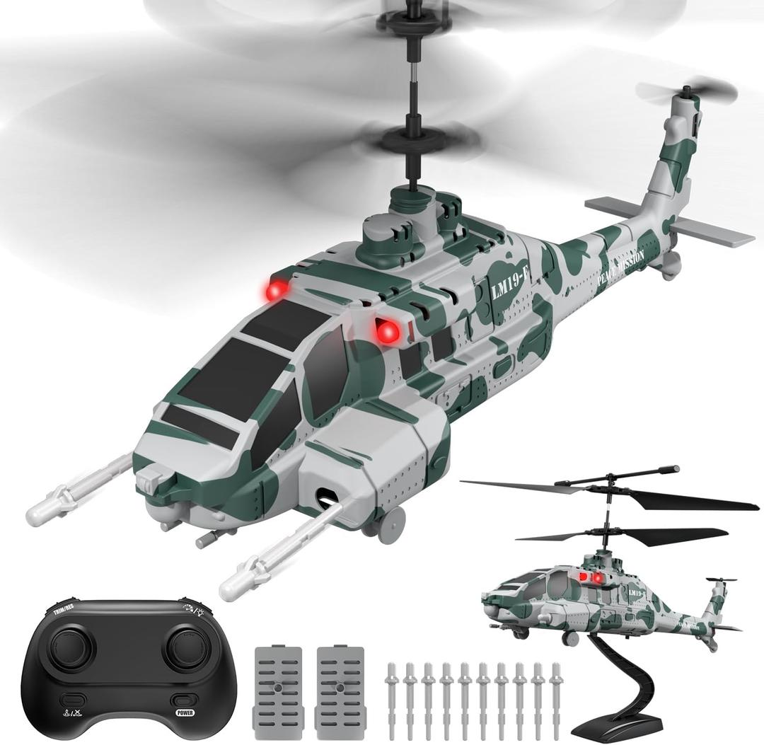 LM19-F Army Apache RC Helicopter with 10 Missiles, 2.4GHz Remote Control Helicopter, Military Helicopter for Beginners and Adults, LED Lights, Altitude Hold, One-Key Take Off, Indoor Friendly (Green)