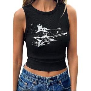 Women's Gothic Ribbed Tank Tops Y2K Graphic Crewneck Sleeveless Tight Shirts (Black, L)