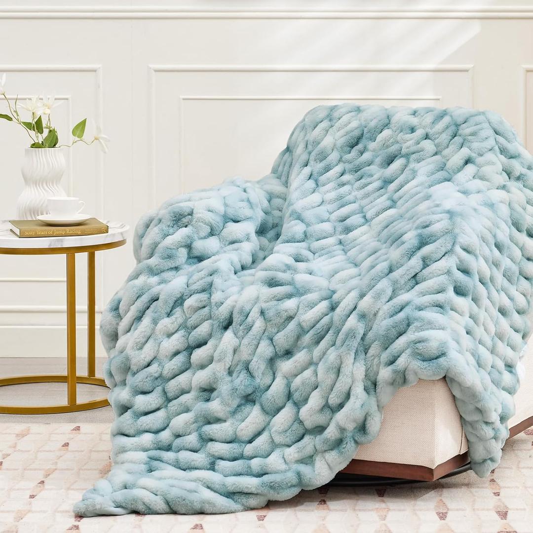 Ultra Soft Luxury Faux Fur Throw Blanket for Couch, Fuzzy Fluffy Plush Warm Cozy Ruched Blanket for Sofa Bedroom Living Room, Elegant Gift Idea for Women (50"x60",Tie-dye Freshwater Blue)