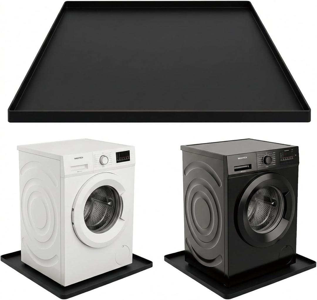 27x27 Inch Silicone Washing Machine Drain Pan - Waterproof Leak Protection Mat, Anti-Vibration Floor Protector for Washers & Dryers, Black