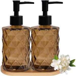 Glass Hand and Dish Soap Dispenser Set of 2 with Plastic Pumps, Bamboo Tray, 12oz Brown Bathroom Soap Dispenser with Diamond for Hand Wash & Dish Wash, Ideal for Bathroom Kitchen Countertop