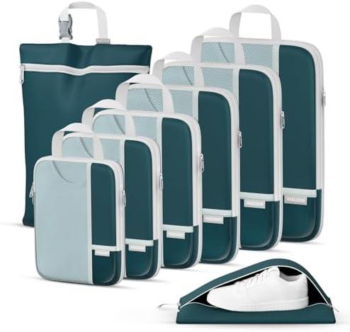 Percover Compression Packing Cubes for Travel, 8-Piece Structured Compression Organizer Set with Laundry Bag & Shoe Bag for Carry-On & Checked Luggage, Peacock Green