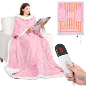 HOW'S MY HOUSE Wearable Heated Blanket with Foot Pocket, Electric Blanket with Sleeves, Flannel & Sherpa Heating Throw with 7 Heat Settings & 4 Hours Time Settings, 52" x 72", Pink