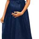 AISWI 2025 Maternity Sparkly Mesh Maxi Flowy Dress with Belt Ruffle Sleeves Pregnant Long Dress Baby Shower Photoshoot Formal, Navy Blue, Large