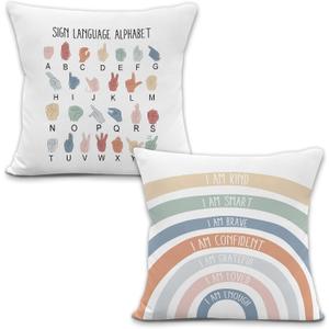 Boho Inspirational Throw Pillow Covers, Boho Classroom Decor, Sign Language Alphabet Rainbow Decorative Pillowcases Cushion Cases for Kids Nursery Room Decor, 18x18 Pillow Covers Set of 2