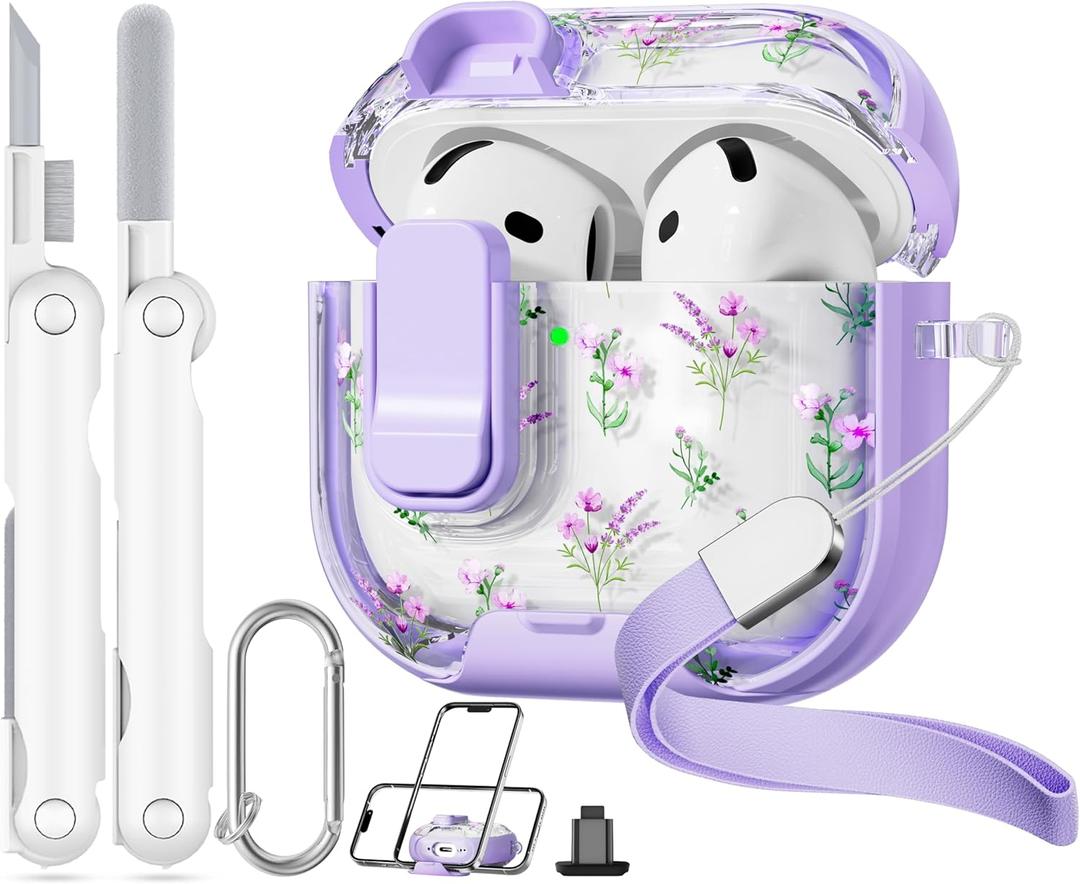 with Safety Lock for Apple AirPods 4 Case,Clear Floral Cute AirPod 4th Generation Case with Phone Stand & Cleaning Kit for Women Girly-Purple Narcissus