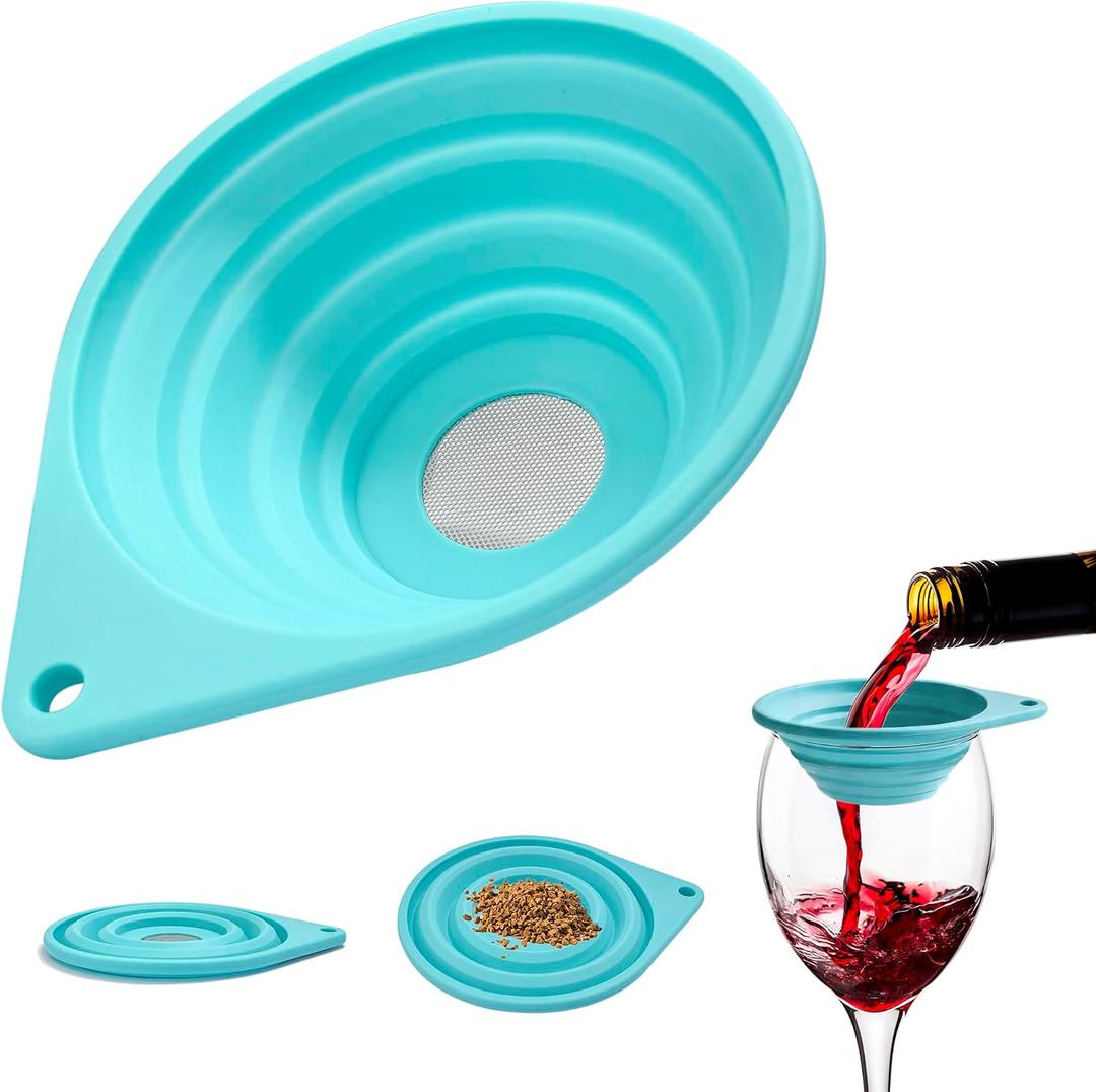 Collapsible Silicone Funnel Strainer, 4 Ultra Fine 40-Mesh Stainless Steel Filter for Coffee, Tea, Wine, Cocktails BPA-Free Foldable Kitchen Sieve for Camping & RV (Blue)