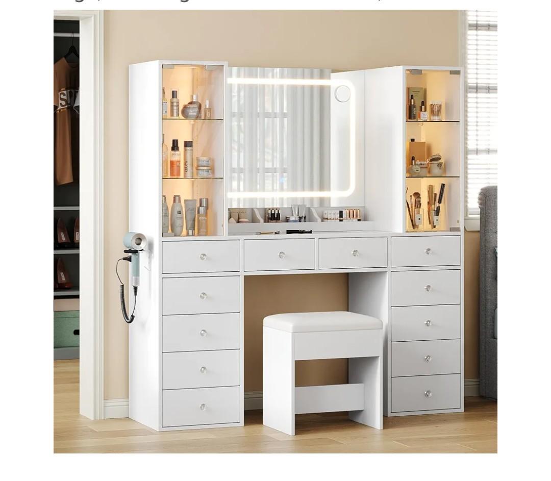 Vanity with 12 Drawers & 2 RBG Lights Cabinets, Makeup Vanity with Mirror and Lights, Vanity Desk with Power Outlet, Tempered Glass Top, Ample Storage, Dressing Table for Bedroom, White