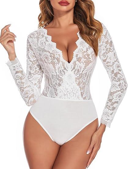 Avidlove Lace Bodysuit for Women Sexy Long Sleeve V Neck Body Suits Going Out Tops Snap Crotch One Piece Teddy Lingerie, XXXL