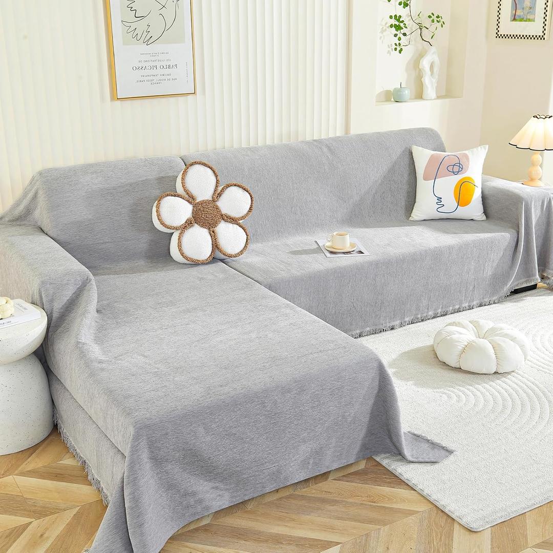 Royhom Sectional Couch Covers 2 Pieces, L Shaped Couch Cover Blanket, Chenille Sofa Covers Washable, Sofa Slipcover with Tassel, Suitable for All Seasons (71"x110"+71"x118", Light Grey)