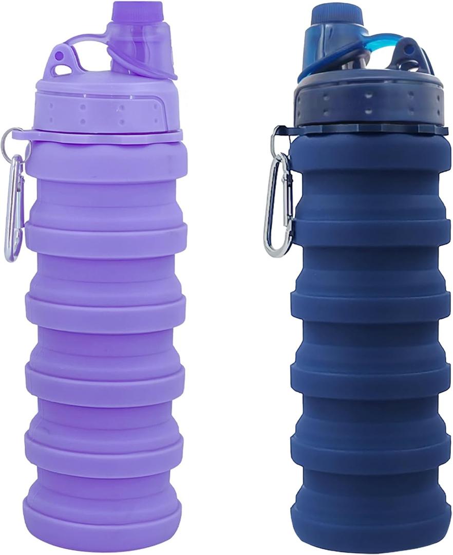 Collapsible Water Bottles Travel water bottle Sports Portable Sport Water Bottle Reusable Water Bottles comes with mountaineering Buckle 500ml silicone Water-proof camping water bottle (Dark blue+purple)